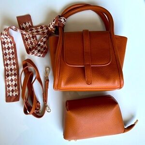 Trendy handbag or shoulder bag removable strap, vegan leather, pouch, tie scarf